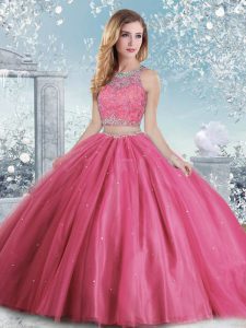 Sleeveless Floor Length Beading and Sequins Clasp Handle 15th Birthday Dress with Hot Pink