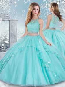 Fashionable Aqua Blue Clasp Handle 15th Birthday Dress Beading and Lace Sleeveless Floor Length