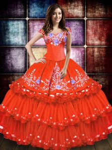 Embroidery and Ruffled Layers Quinceanera Dresses Orange Red Lace Up Sleeveless Floor Length