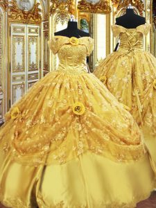 Spectacular Gold Ball Gowns Tulle Strapless Sleeveless Beading and Appliques and Hand Made Flower Floor Length Lace Up Quinceanera Dress