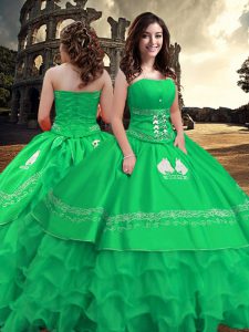Floor Length Zipper Quinceanera Gown Green for Military Ball and Sweet 16 and Quinceanera with Embroidery and Ruffled Layers