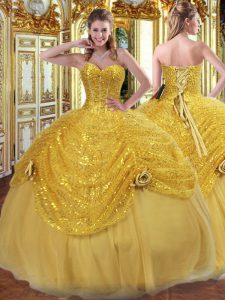 Customized Gold Sleeveless Pick Ups and Hand Made Flower Floor Length Quince Ball Gowns