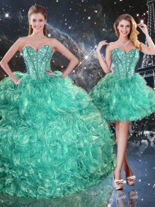 Decent Sleeveless Organza Floor Length Lace Up Quinceanera Dress in Turquoise with Beading and Ruffles