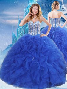 Popular Royal Blue Ball Gowns Sweetheart Sleeveless Organza Floor Length Lace Up Beading and Ruffles and Sequins Quinceanera Dress