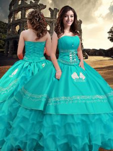 Taffeta Strapless Sleeveless Zipper Embroidery and Ruffled Layers Quinceanera Dresses in Turquoise