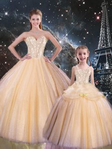 Elegant Ball Gowns Sweet 16 Quinceanera Dress Champagne Sweetheart Tulle Sleeveless Floor Length Lace Up