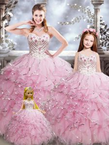 Flare Beading and Ruffles 15th Birthday Dress Baby Pink Lace Up Sleeveless Floor Length