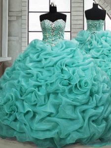 Turquoise Sleeveless Organza Brush Train Lace Up 15th Birthday Dress for Military Ball and Sweet 16 and Quinceanera