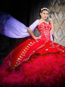 Best Selling Sweetheart Sleeveless Brush Train Lace Up Quinceanera Gowns Red Organza