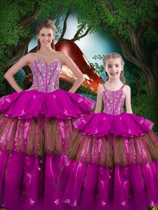 Sleeveless Floor Length Beading and Ruffled Layers Lace Up Quince Ball Gowns with Fuchsia