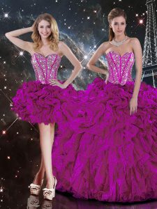 Fashion Fuchsia Quinceanera Gown Military Ball and Sweet 16 and Quinceanera with Beading and Ruffles Sweetheart Sleeveless Lace Up