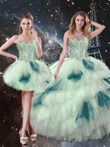 Captivating Floor Length Multi-color Ball Gown Prom Dress Tulle Sleeveless Beading and Ruffled Layers and Sequins