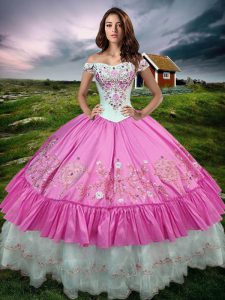 Flirting Rose Pink Lace Up Off The Shoulder Beading and Embroidery and Ruffled Layers Quinceanera Gown Taffeta Sleeveless