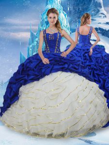 Latest Blue And White Sweet 16 Dress Military Ball and Sweet 16 and Quinceanera with Ruffled Layers and Pick Ups Straps Sleeveless Brush Train Lace Up