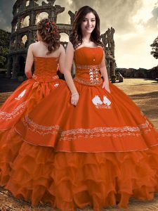 Pretty Rust Red Ball Gowns Strapless Sleeveless Taffeta Floor Length Zipper Embroidery and Ruffled Layers Sweet 16 Dresses