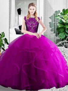 Fuchsia Two Pieces Lace and Ruffles Quinceanera Dress Zipper Tulle Sleeveless Floor Length