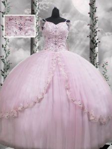 Eye-catching Lilac Cap Sleeves Brush Train Beading and Appliques Sweet 16 Dresses