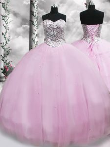 Unique Lilac Quinceanera Gown Tulle Brush Train Sleeveless Beading