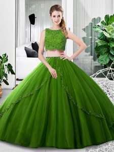 Customized Floor Length Olive Green Quince Ball Gowns Tulle Sleeveless Lace and Ruching