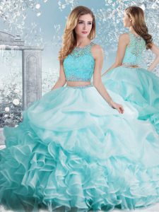 Custom Made Floor Length Aqua Blue Sweet 16 Dresses Organza Sleeveless Beading and Ruffles and Pick Ups