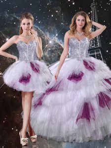 Multi-color Tulle Zipper Sweetheart Sleeveless Floor Length Sweet 16 Dress Beading and Ruffled Layers and Sequins