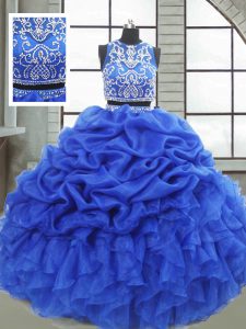 Hot Selling Floor Length Royal Blue Sweet 16 Quinceanera Dress Organza Sleeveless Beading and Ruffles and Pick Ups