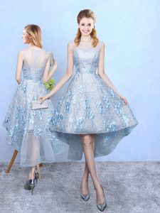 High Low Light Blue Quinceanera Court of Honor Dress Tulle and Printed Sleeveless Appliques