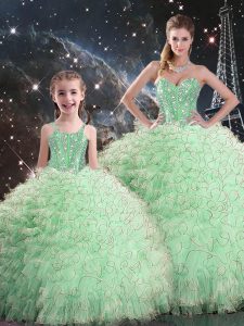 Inexpensive Apple Green Lace Up Sweet 16 Quinceanera Dress Beading and Ruffles Sleeveless Floor Length