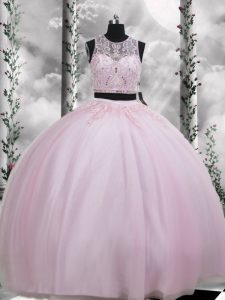 Chic Baby Pink Zipper 15 Quinceanera Dress Beading and Appliques Sleeveless Floor Length