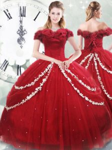 Hot Sale Wine Red Lace Up Off The Shoulder Appliques and Pick Ups Quinceanera Dress Tulle Sleeveless Brush Train