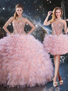 Luxurious Baby Pink Lace Up Sweetheart Beading and Ruffles 15th Birthday Dress Organza Sleeveless