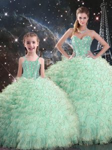 Unique Organza Sweetheart Sleeveless Lace Up Beading and Ruffles Sweet 16 Dress in Apple Green