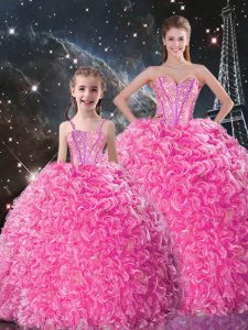 Organza Sweetheart Sleeveless Lace Up Beading and Ruffles 15 Quinceanera Dress in Rose Pink