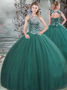 Dark Green Lace Up Scoop Beading Quinceanera Gowns Tulle Sleeveless