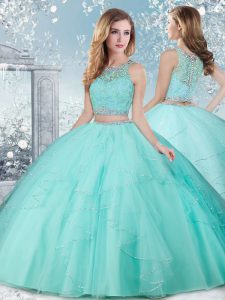Aqua Blue Ball Gowns Scoop Sleeveless Tulle Floor Length Clasp Handle Beading Sweet 16 Dress