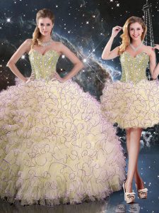 Low Price Light Yellow Vestidos de Quinceanera Military Ball and Sweet 16 and Quinceanera with Beading and Ruffles Sweetheart Sleeveless Lace Up