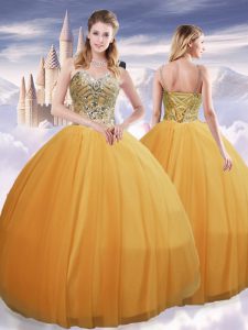 Gold Ball Gowns Tulle Spaghetti Straps Sleeveless Beading Floor Length Lace Up Ball Gown Prom Dress