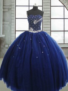 Inexpensive Sleeveless Floor Length Beading Lace Up 15th Birthday Dress with Navy Blue