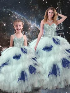 Blue And White Sweetheart Neckline Beading and Ruffled Layers Sweet 16 Quinceanera Dress Sleeveless Lace Up