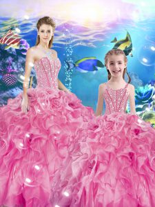 Custom Design Sleeveless Organza Floor Length Lace Up Sweet 16 Dresses in Rose Pink with Beading and Ruffles