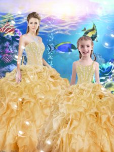 Enchanting Gold Ball Gowns Organza Sweetheart Sleeveless Beading and Ruffles Floor Length Lace Up Quinceanera Gown