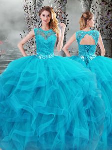Glamorous Baby Blue Sleeveless Tulle Lace Up 15th Birthday Dress for Military Ball and Sweet 16 and Quinceanera