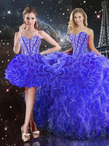 Wonderful Ball Gowns Quinceanera Gowns Blue Sweetheart Organza Sleeveless Floor Length Lace Up