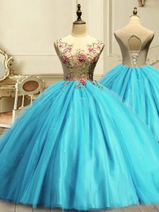 Floor Length Lace Up Quinceanera Gowns Aqua Blue for Military Ball and Sweet 16 and Quinceanera with Appliques and Sequins