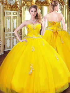 Lovely Sleeveless Organza Floor Length Lace Up Quinceanera Gown in Gold with Beading and Appliques