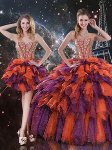 Sumptuous Floor Length Lace Up 15th Birthday Dress Multi-color for Military Ball and Sweet 16 and Quinceanera with Beading and Ruffles and Ruffled Layers