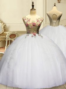 Beauteous White Sleeveless Appliques and Ruffles Floor Length Quince Ball Gowns