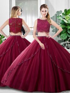 Burgundy Two Pieces Lace and Ruching Quinceanera Gowns Zipper Tulle Sleeveless Floor Length