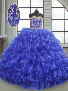 Wonderful Organza Strapless Sleeveless Lace Up Beading and Appliques and Ruffles Sweet 16 Dresses in Royal Blue