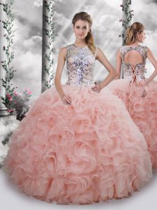 Trendy Ball Gowns Quinceanera Dress Baby Pink Scoop Organza Sleeveless Floor Length Lace Up